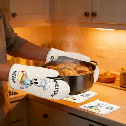 Oven Mitts and Pot Holders Sets,Cute Skeleton Thick Cotton Kitchen Oven Mitt Set,Funny Bake Waterproof Anti-Slip Silicone Mittens for Baking,Cute Cooking Utensils Set for Bakeries Barbecues - color: Cute Skeleton