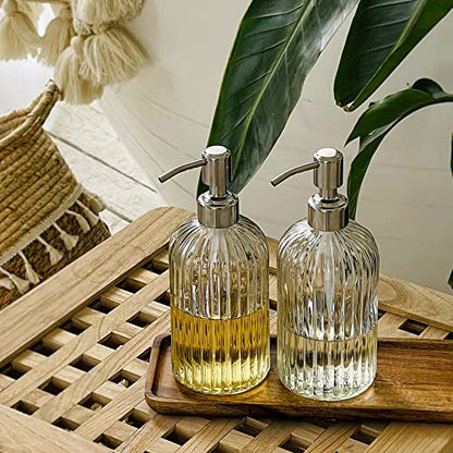JASAI 2PACK 18 Oz Glass Soap Dispenser with Rust Proof Stainless Steel Pump | Refillable Hand Soap Dispenser with Vertical Stripe, Premium Bathroom soap Dispenser for Kitchen & Bathroom. - color: Clear-2p, size: 2 Pack