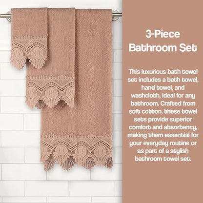 Zahari Home 3 Piece Laced Towel Set - Stylish Soft Plush Cotton Towels with Hand Towel & Washcloth - Highly Absorbent Towels for Bathroom, Gym, Hotel & Spa (Crochet Blush) - color: Crochet-blush