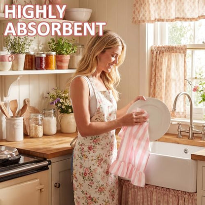 Pink Striped Kitchen Towels Set of 2, 100% Cotton Ruffled Striped Dish Towels 18"x31" Absorbent Tea Cloths Classic Pattern for Farmhouse Charm, Drying Dishes, Entertaining Guests - color: Pink
