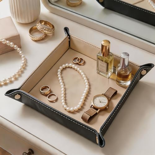Valet Tray Desktop Storage Organizer – Vegan Leather Catchall Bedside Vanity Tray Nightstand Caddy Holder for Remote Controller, Watch, Keys, Phone, Wallet, Coin, Jewelry, Beige - color: Beige