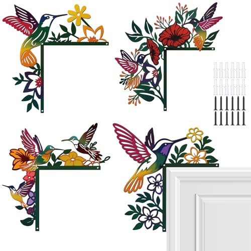 4 Pcs Door Frame Decoration Set Metal, Wall Art Decor Corner Sign Bathroom Decor for Indoor Outdoor Door Window Home Office(Hummingbird Flower,Multicolor) - color: Multicolor, style: Hummingbird Flower