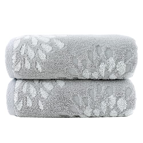 Hand Towels Set of 2 Hydrangea Floral Pattern 100% Cotton Absorbent Soft Decorative Towel for Bathroom (Light Grey) - color: Light Grey