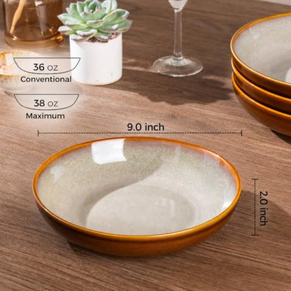 LERATIO 9.0" Ceramic Pasta Bowls Set of 4,38oz Large Stoneware Bowls Set | Reactive Glaze Serving Bowls Set,Wide Bowl for Pasta,Salad,Fruit & Noodles,Housewarming & Wedding Gift-Khaki - color: Khaki, size: Set of 4