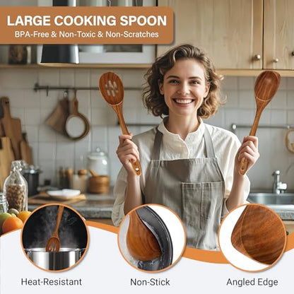 Large Wooden Cooking Spoon Set, 2Pack Natural Teak Wood Spoons for Cooking, Non-Stick Slotted and Corner Serving Spoon with Long Handle, Heat-Resistant Wooden Spatula Spoons for Kitchen Needs