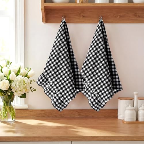 HunnmingRe Matte Black Kitchen Towels Set of 2, 100% Cotton Ruffled Gingham Dish Towels 18"x28" Tea Cloths Classic Plaid Pattern for Farmhouse Charm, Drying Dishes, Entertaining Guests - color: Matte Black, style: Gingham
