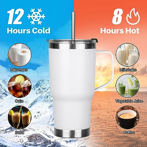 20 oz Tumbler with Handle, Stainless Steel Insulated Tumbler with Lid and Straw, Double Wall Vacuum Coffee Mug Tumbler, Insulated Coffee Thermal Cup for Cold and Hot (White) - color: White, size: 20 Ounces