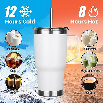 20 oz Tumbler with Handle, Stainless Steel Insulated Tumbler with Lid and Straw, Double Wall Vacuum Coffee Mug Tumbler, Insulated Coffee Thermal Cup for Cold and Hot (White) - color: White, size: 20 Ounces