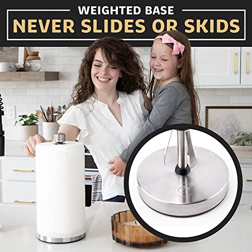 Heavy-Duty Stainless Steel Paper Towel Holder - Easy One-Handed Tear with Suction Cups - Modern Weighted Standing Countertop Dispenser for Kitchen - Holds All Paper Towel Rolls, Silver - color: Silver
