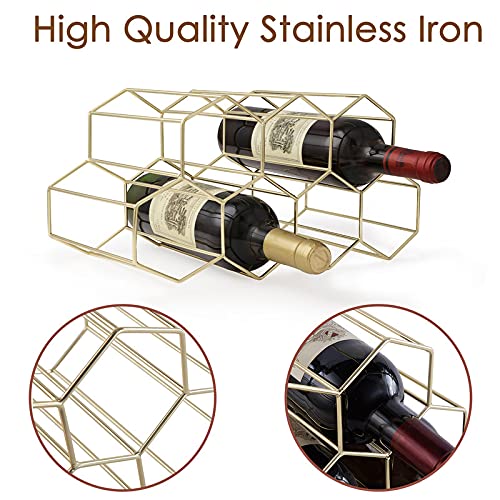 FOMANSH Countertop Wine Storage - Freestanding 7 Bottle Metal Holder with Modern Design for Kitchen or Wine Cellar - color: Gold