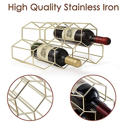 FOMANSH Countertop Wine Storage - Freestanding 7 Bottle Metal Holder with Modern Design for Kitchen or Wine Cellar - color: Gold