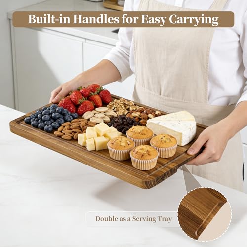 Teak Cutting Board for Kitchen - Teak Wood Chopping Board with Handle & Juice Groove, Heavy-Duty Hardwood Cutting Boards Wooden Butcher Block for Meat, Fish, Vegetables, Fruits