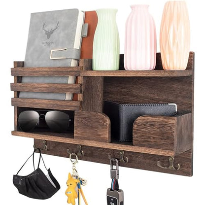 Key Holder Wall Mount, Wooden Organizer Wall Mount with 4 Double Hooks and Wallet Holder, Sunglasses and Mail Storage Rack for Entryway or Mudroom - Brown
