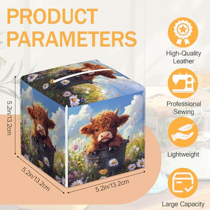 Flower Highland Cow 2 Pcs Tissue Box Cover Square, Spring Summer Tissue Box Holder Waterproof Leather Facial Paper Organizer Dispenser for Bathroom Home Car Nightstand - color: Flower Highland Cow