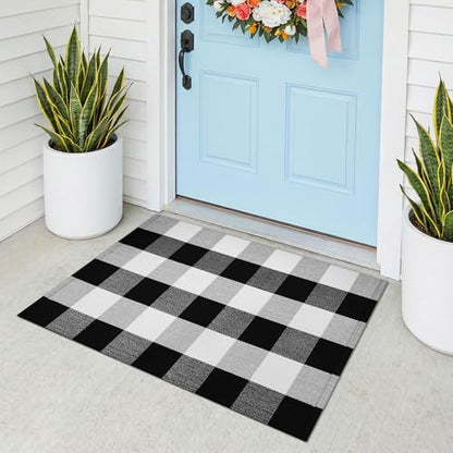 KOZYFLY Buffalo Plaid Area Rugs 2x3 Ft Black and White Checkered Rug Washable Front Door Mat Hand Woven Cotton Outdoor Rug Small Rug for Front Porch Kitchen Entryway Patio Bathroom | Washable Front Door Mat, Woven Cotton Outdoor Rug, Indoor Small Rug for