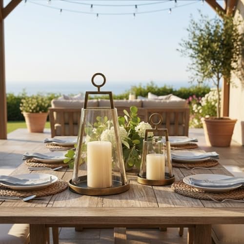 Hurricane Candle Holders Metal & Glass Lanterns Set of 2- Windproof Lanterns for Indoor Outdoor Home Decor, Patio, Wedding (Hurricane Candle Holders A)