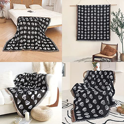 Horror Style Halloween Skulls Throw Woven Blanket with Tassel for Home Decoration Chair Couch Sofa Bed Beach Travel Picnic Cloth Tapestry Shawl Cozy Cotton (Black 63×51 Inches)