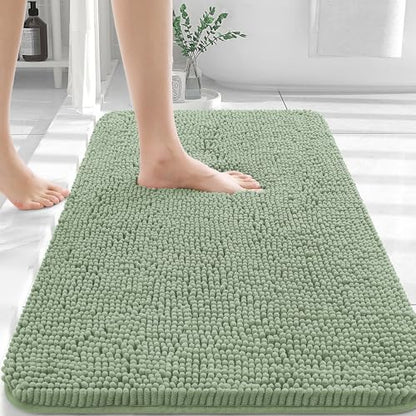 OLANLY Chenille Bath Mat and Bathroom Rugs Sets 2 Piece, Bath Mat Size 36x24 and Bathroom Rugs Sets Size 30x20+24x16 in Sage Green, 3 Item Bundle
