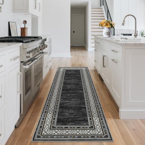 Modern 2x6 Rug Runners for Hallways Non Slip, Bordered Solid Washable Area Rug Stain Resistant Non Shedding Throw Rugs, Foldable Low Pile Thin Carpet for Entryway, Kitchen, Bedroom, Black | Solid Washable Low Pile Stain Resistant Non Shedding Foldable Thi