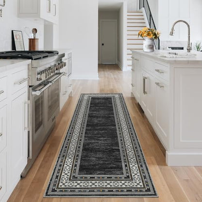 Modern 2x6 Rug Runners for Hallways Non Slip, Bordered Solid Washable Area Rug Stain Resistant Non Shedding Throw Rugs, Foldable Low Pile Thin Carpet for Entryway, Kitchen, Bedroom, Black | Solid Washable Low Pile Stain Resistant Non Shedding Foldable Thi
