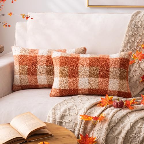 AQOTHES Plaid Fall Throw Pillow Covers Orange 12x20 Inch Set of 2 | Boucle Decorative Pillow Covers, Autumn Cozy Fluffy Home Farmhouse Decor, for Living Room Sofa Couch Bed, Holiday Decorations - color: Orange, size: 20" x 12" (Pack of 2)