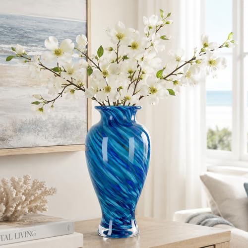 11.8" Tall Glass Vase Beautiful Hand Blown Glass Vase Modern Art Home Decor, Wide Mouth Colorful Vases for Mantle Dining Table Centerpiece, Entryway Living Room Wedding Decoration (Deep Blue) - color: Deep Blue