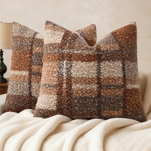 decorUhome Chenille Soft Throw Pillow Covers 20X20 Set of 2, Forest Green,Boucle Plaid Check Faux Fur Throw Pillow Covers 20x20 Inch Set of 2, Autumnal