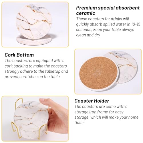 9 Pieces Ceramic Drink Coasters with Holder, Billbotk Absorbent Drink Coasters for Coffee Table, Marble Style Coasters Wooden Table, Suitable for Kinds of Cups, 4 Inches - color: Gold White
