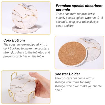 9 Pieces Ceramic Drink Coasters with Holder, Billbotk Absorbent Drink Coasters for Coffee Table, Marble Style Coasters Wooden Table, Suitable for Kinds of Cups, 4 Inches - color: Gold White