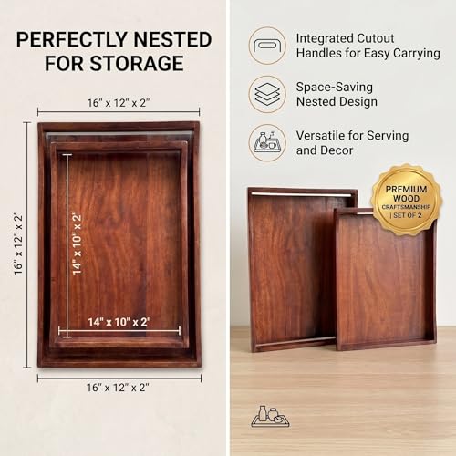 Wooden Serving Tray Set of 2 | Big Size 16x12 & 14x10 Inches | Premium Finish Wood Serving Platters with Handles | Breakfast, Coffee, Food Serving Tray for Home, Kitchen, Restaurant & Décor