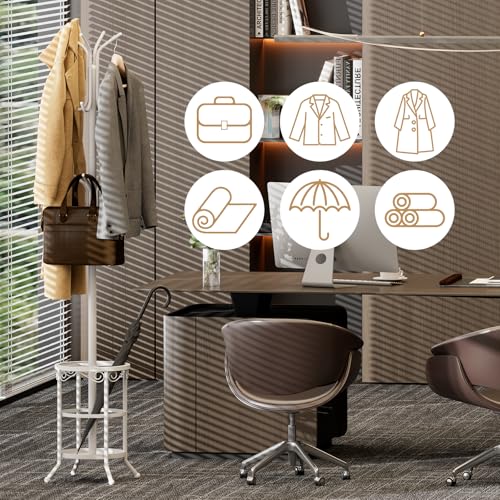 Coat Rack Freestanding with Umbrella Holder – Metal Hanger Stand, Hall Tree with 12 Hooks, Entryway Organizer for Hats, Bags, and Clothes (White) - color: White