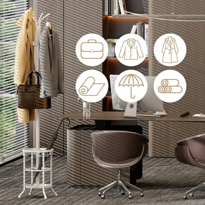 Coat Rack Freestanding with Umbrella Holder – Metal Hanger Stand, Hall Tree with 12 Hooks, Entryway Organizer for Hats, Bags, and Clothes (White) - color: White