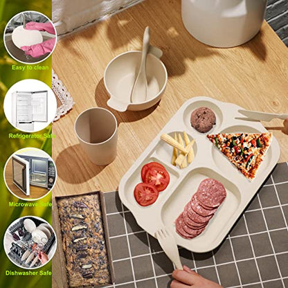 Honoson 24 Pcs Wheat Straw Dinnerware Cutlery Set, Service for 4, Unbreakable Plates and Bowls Set - Divided Plates, Bowls, Spoons, Forks & Knives, Microwave & Dishwasher Safe(Beige/pink/green/blue) - color: Beige/Pink/Green/Blue