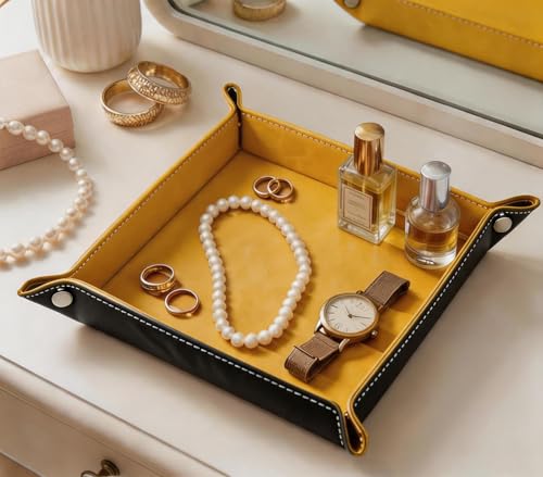Valet Tray Desktop Storage Organizer – Vegan Leather Catchall Tray Bedside Vanity Tray Nightstand Caddy Holder for Remote Controller, Watch, Keys, Phone, Wallet, Coin, Jewelry, Yellow - color: Yellow