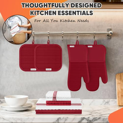Oven Mitts Kitchen Towels and Dishcloths with Pot Holders Sets, Oven Gloves Hot Pads 500°F Heat Resistant with Silicone Grip, Include 2 Cooking Gloves/2 Potholders/4 Kitchen Towels/4 Dish Towels-Red - color: Red