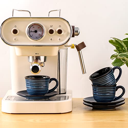 HASENSE Espresso Cups Set of 4, 4 Ounce Ceramic Cappuccino Cup with Saucers, Small Coffee Mugs for Espresso Shots, Cappuccino, Tea, Latte, Demitasse, Navy Blue - color: Navy Blue, size: 4oz - Set of 4