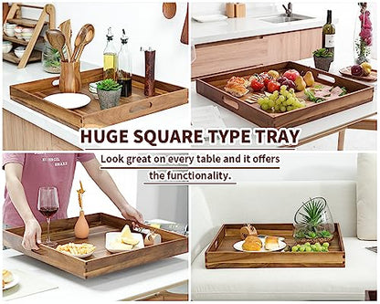 Extra Large Square Wood Tray, Generously 22" Acacia Serving Trays for Large Ottoman Coffee Table, Giant Square Shape Sofa Tray with Handles, Kitchen Organizer Storage Trays Huge Counter Serveware - color: 22" Square Tray - Acacia
