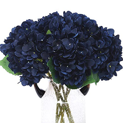 Kimura's Cabin 6pcs Navy Blue Hydrangea Artificial Flowers Silk Hydrangeas | Fake Hydrangeas with Stems Faux Flower,wedding Bouquet Arrangement Halloween Home Party Table Centerpieces Decor Vase Filler - color: Navy Blue