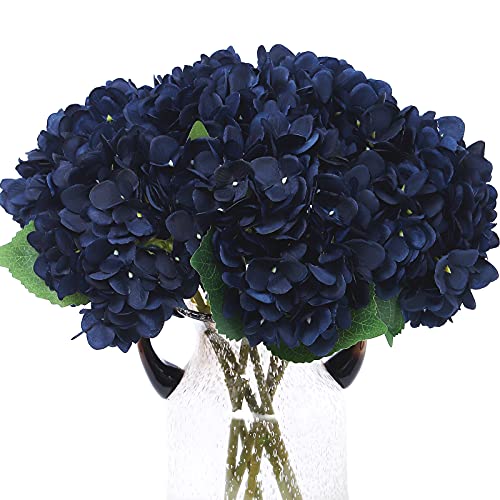 Kimura's Cabin 6pcs Navy Blue Hydrangea Artificial Flowers Silk Hydrangeas | Fake Hydrangeas with Stems Faux Flower,wedding Bouquet Arrangement Halloween Home Party Table Centerpieces Decor Vase Filler - color: Navy Blue