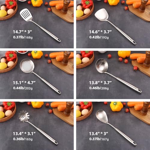 18/10 Stainless Steel Kitchen Utensils Set - 12 PCS All Metal Cooking Tools | 15″ Cooking Utensils - Potato Masher, Meat Fork, Tongs, Turner, Pasta, Serving Spoon, Skimmer, Ladle, Spatula Spoon Set - color: 12-Pieces