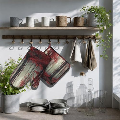 Forest Oven Mitts and Pot Holders Sets Red Trees Landscape Silicone Heat Resistant Kitchen Oven Gloves Pot Holder for Cooking Baking Grilling BBQ - color: Forest
