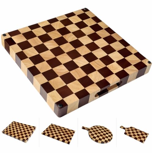 Checkered End Grain Butcher Block Cutting Board | 13" x 13" x 1.5" Thick | Acacia & Rubber Wood | Reversible | Heavy Duty Food Prep & Serving - color: Checkered Square