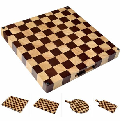 Checkered End Grain Butcher Block Cutting Board | 13" x 13" x 1.5" Thick | Acacia & Rubber Wood | Reversible | Heavy Duty Food Prep & Serving - color: Checkered Square
