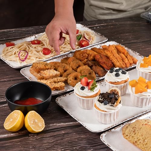 4-Pack 14" x 7" White Serving platter Set, Reusable Farmhouse Melamine Serving Platters for Cookie, Appetizer, Charcuterie, Snack, Party Food Display - Stackable Kitchen CounterTop Tray. - color: Farmhouse Rect Platter
