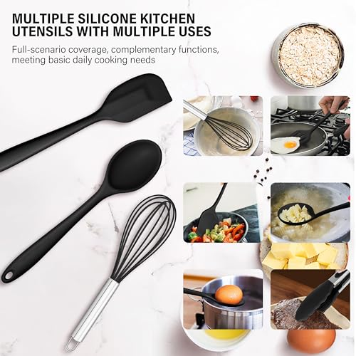 HaWare 11 PCS Silicone Cooking Utensils Set, Black | Heat Resistant, Kitchen Utensils with Holder, Food-grade Spatula Sets for Nonstick Cookware, Include Fish Turner, Spoon - color: Black