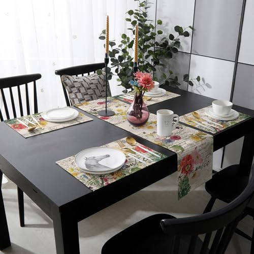 Table Runner and Placemats Set of 4 Flower Floral Decorative Dining Table Runner with Matching Placemats Retro Postmark Table Decor for Kitchen Dining Room and Everyday Use 13x70in - size: 13"x70"+4pcs
