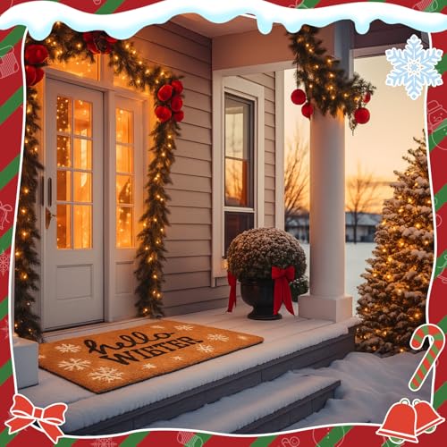 Tinideya Christmas Welcome Front Doormat, Xmas Non Slip Outdoor Mat Rug with Christmas Snowflake Decoration Pattern for Farmhouse Home Entrance Decor Yard Floor Patio, 17 x 30 Inches(Hello Winter) - style: Hello Winter