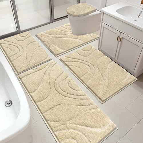HEBE Bathroom Rugs Sets 5 Piece, Non Slip Washable Absorbent Bath Mat Set | Super Soft Plush Microfiber Bathroom Mats with Runner Set, Solid Bathmat with U-Shaped Toilet Rug Cover Set for Tub, Shower - color: Beige, size: 18"x26"+20"x32"+20"x48"+U20"x24"+