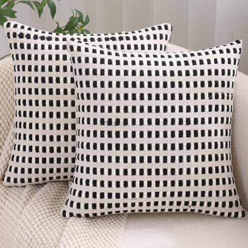 Black and White Throw Pillow Covers 18x18 Set of 2 Boho Decor | Durable Fabric,,Stripe Pillow Covers,Farmhouse Cushion Case,Chenille Pillow Cases,Neutral Pillowcase for Sofa Couch Bed - color: White and Black Stripe, size: 18" x 18" (Pack of 2)