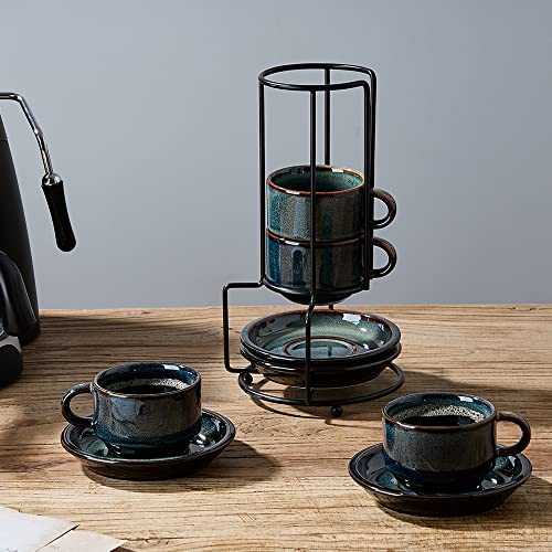JIEMEI HOME Porcelain Stackable Espresso Cups with Saucers and Metal Stand, 4 Ounce Demitasse Cups for Specialty Coffee Drinks, Latte, Tea Set of 4, Stackable Espresso Mugs, Kiln Tide Glaze - color: Kiln Tide Glaze